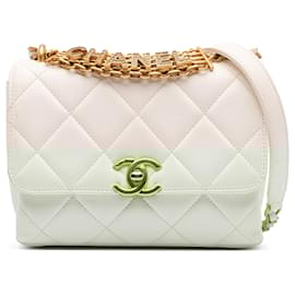 Chanel-Chanel White Mini Quilted Lambskin Crystal Logo Letters Chain Flap-White,Cream
