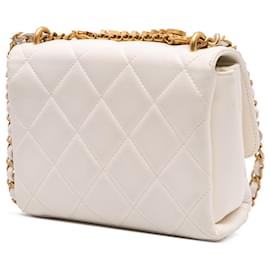 Chanel-Chanel White Mini Quilted Lambskin Crystal Logo Letters Chain Flap-White,Cream