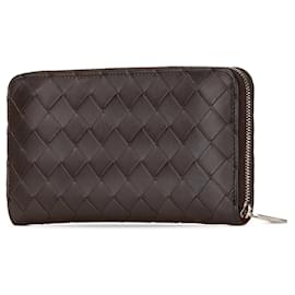 Bottega Veneta-Bottega Veneta Brown Leather Intrecciato Zip Around Long Wallet-Brown,Red,Dark brown