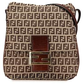 Fendi-Fendi Brown Zucchino Canvas Crossbody-Brown,Beige
