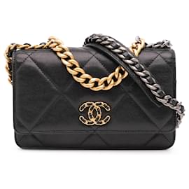 Chanel-Chanel Sac à Chaîne 19 en Cuir d'Agneau Matelassé Noir-Noir