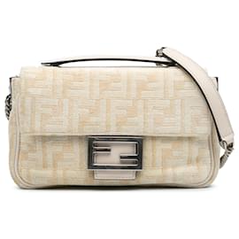 Fendi-Fendi Brown FF Chenille and Vitello Seta Chain Midi Baguette-Brown,Beige
