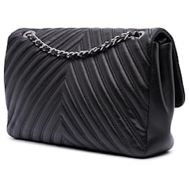 Chanel-Chanel Black Jumbo Classic Chevron Lambskin Double Stitch Single Flap-Black