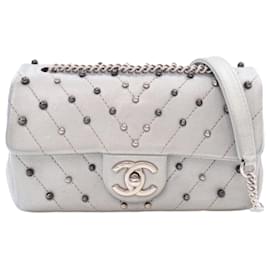 Chanel-Chanel Silver Mini Rectangular Chevron Lambskin Stud Wars Flap-Silvery