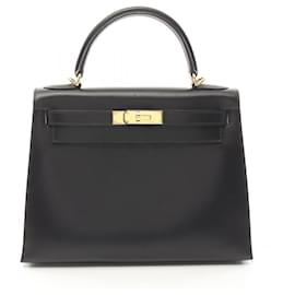 Hermès-Hermes Kelly 28 Handbag in Black Calfskin-Black