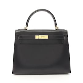 Hermès-Hermes Kelly 28 Handbag in Black Calfskin-Black