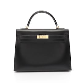 Hermès-Sac à main Hermes Kelly 32 en cuir de veau noir-Noir
