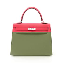 Hermès-Sac à main Hermes Kelly 25 en cuir Epsom rose-Rose