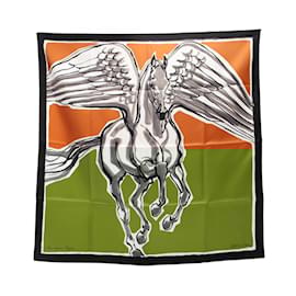 Hermès-Hermes Carre 90 Libre Comme Pegase Noir Caramel Anthracite Scarf-Brown,Black,White