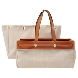Hermès-Sac Cabas GM Airbag HERMES-Marron,Écru