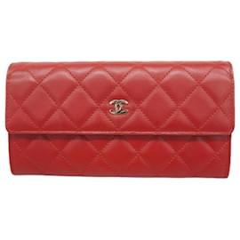Chanel-Portefeuille Long Chanel en Cuir d'Agneau Rouge-Rouge