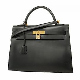 Hermès-Sac à main Hermes Kelly 32 en cuir de veau noir-Noir