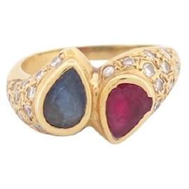 Autre Marque-RING YOU AND ME RUBY SAPPHIRE AND DIAMONDS T52 YELLOW GOLD 18K 5GR-Golden