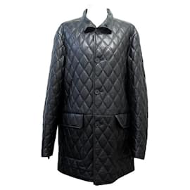 Burberry-MANTEAU VESTE LONGUE BURBERRY T 50 M EN CUIR MATELASSE NOIR LEATHER COAT-Noir