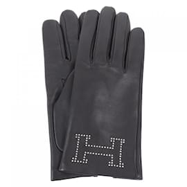 Hermès-Gants chauds en soie noire et cuir Hermes-Noir