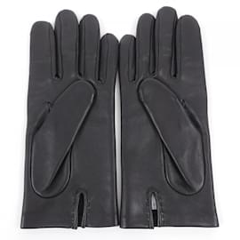 Hermès-Gants chauds en soie noire et cuir Hermes-Noir