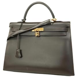 Hermès-Hermes Kelly 35 Handbag in Box Calf Ebène-Damier ebene