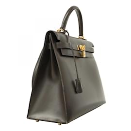 Hermès-Sac à main Hermes Kelly 35 en Box Calf Ebène-Damier ebène