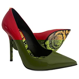 Versace-VERSACE Hibiscus Barocco gold sole red patent leather Medusa stud pump EU 37.5-Red