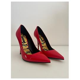 Versace-VERSACE Hibiscus Barocco gold sole red patent leather Medusa stud pump EU 37.5-Red