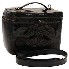 CHANEL Vanity Pouch Cuir verni 2way Noir Or CC Auth bs24264 Noir Doré
