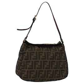 Fendi-FENDI Zucca Canvas Shoulder Bag Brown Black Silver Auth 117929-Brown,Black,Silvery