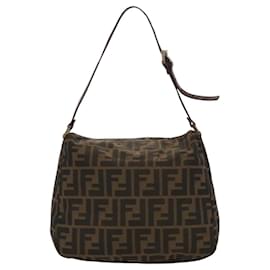 Fendi-FENDI Zucca Canvas Shoulder Bag Brown Black Silver Auth 117929-Brown,Black,Silvery