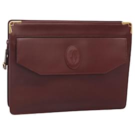 Cartier-CARTIER Must Line Clutch Bag Leather Bordeaux Gold Auth BA1377-Golden,Dark red