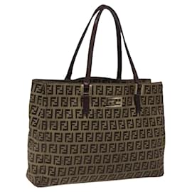 Fendi-FENDI Zucchino Canvas Tote Bag Black Brown gold Auth BA1052-Brown,Black,Golden