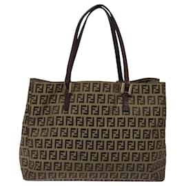 Fendi-FENDI Zucchino Canvas Tote Bag Black Brown gold Auth BA1052-Brown,Black,Golden