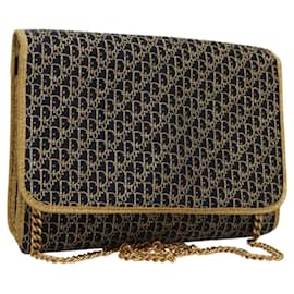 Christian Dior-Christian Dior Trotter Canvas Chain Shoulder Bag Navy Gold Auth 117777-Golden,Navy blue