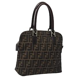 Fendi-FENDI Zucca Canvas Hand Bag Black Brown Silver Auth 118266-Brown,Black,Silvery