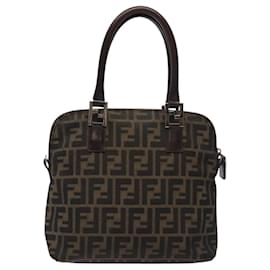 Fendi-FENDI Zucca Canvas Hand Bag Black Brown Silver Auth 118266-Brown,Black,Silvery