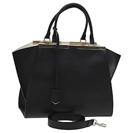 Fendi-FENDI Trois Jules Tote Bag Leather 2way Black Auth 117388-Black