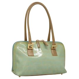 Fendi-FENDI Zucchino Canvas Hand Bag Enamel Light Blue Gold Auth 117743-Golden,Light blue