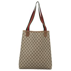 Gucci-GUCCI GG Supreme Web Sherry Line Tote Bag PVC Beige Gold Auth BA1191-Beige,Golden