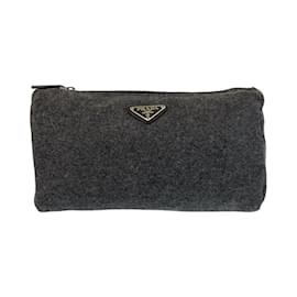 Prada-Prada Triangle Logo Plate Gray Wool Pouch-Brown
