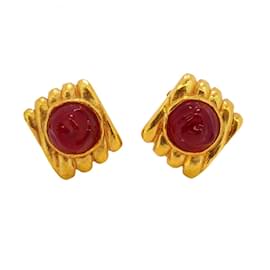 Chanel-Chanel Gold Plated Clip Earrings with Color Stone-Red,Golden