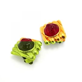 Chanel-Chanel Gold Plated Clip Earrings with Color Stone-Red,Golden