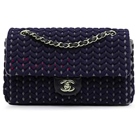 Chanel-Chanel Blue Medium Classic Woven Jersey Single Flap-Blue,Navy blue