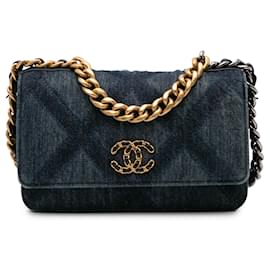 Chanel-Chanel Blue Denim Stitched 19 Flap Wallet On Chain-Blue,Other