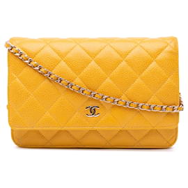Chanel-Chanel Yellow CC Quilted Caviar Wallet on Chain-Yellow