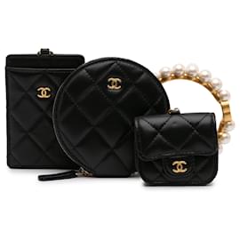 Chanel-Chanel Black Lambskin Pearl Crown CC Wristlet Multi Pouches-Black