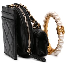 Chanel-Chanel Black Lambskin Pearl Crown CC Wristlet Multi Pouches-Black