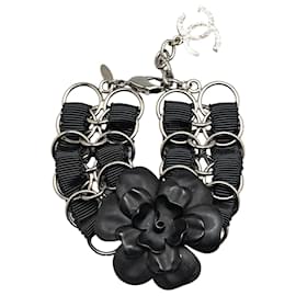 Chanel-Chanel Black Nylon Resin Camellia Chain Ribbon Bracelet-Black