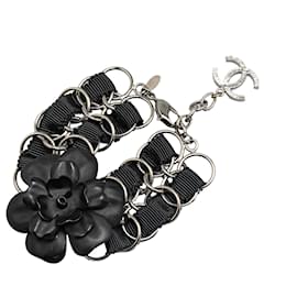 Chanel-Chanel Black Nylon Resin Camellia Chain Ribbon Bracelet-Black