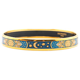 Hermès-Hermès Blue Narrow Sun Moon Stars Enamel Bangle 65-Blue,Golden,Dark blue