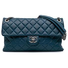 Chanel-Chanel Blue Large Shiny Quilted Lambskin Burgundy Rocks Flap-Blue,Other