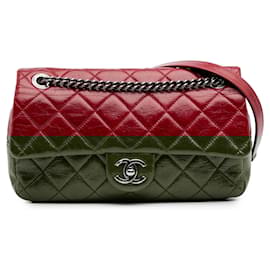Chanel-Chanel Red Medium Glazed Calfskin Duo Color Flap-Red,Dark red