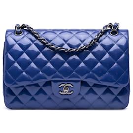 Chanel-Chanel Blue Jumbo Classic Patent Double Flap-Blue